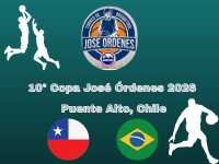 Imagem da Copa Jose Ordenes, Chile. Bandeiras do Brasil e Chile e desenho de três homens jogando basquete.