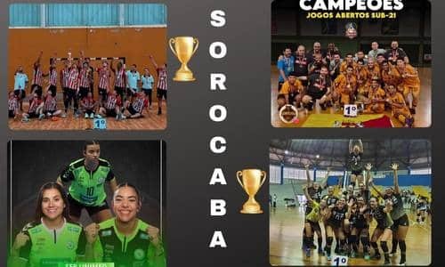 Foto dos campeões nos 87Jogos Abertos do Interior. Handebol, Vôlei e Futsal