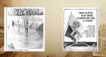 Duas imagens. A esquerda os impactos da chuva no estádio no dia do jogo de inauguração e a direita uma publicidade homenageando o São Bento