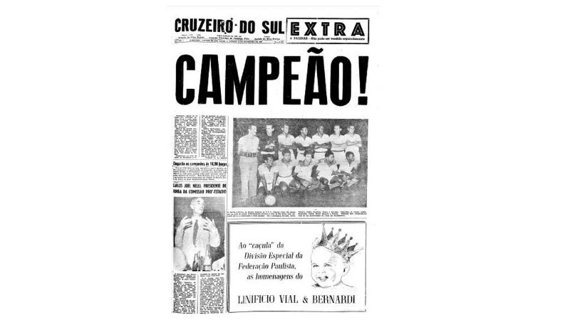 Manchete do jornal Cruzeiro do Sul em 1963. São Bento campeão do paulista da segunda divisão.