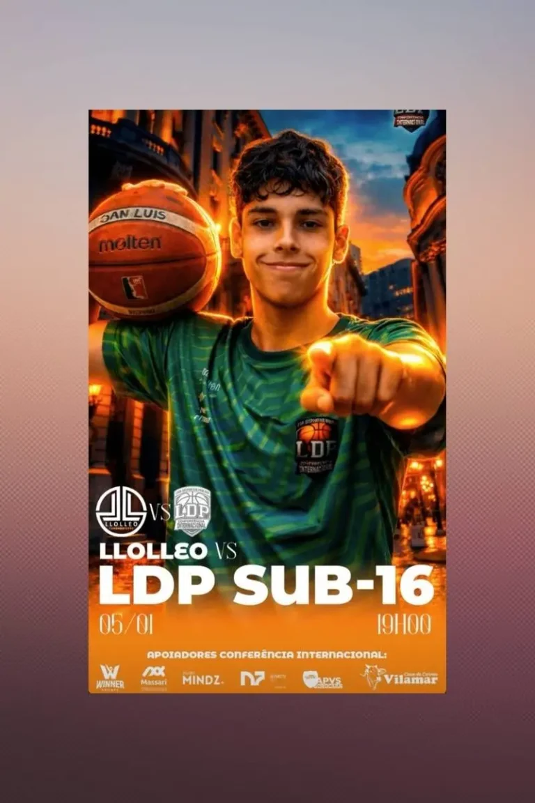 Banner do jogo LDP Basquete x Llo Lleo. Um jogador do LDP segurando a bola e apontando.