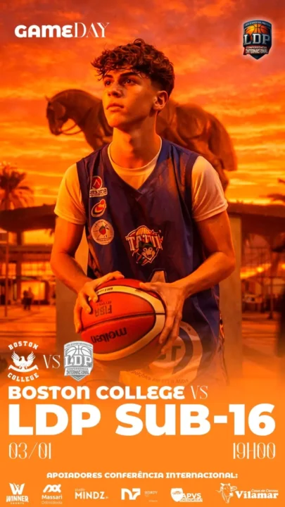 banner sobre o jogo entre LDP e Boston College pela Copa Jose Ordenes. Um atleta segurando a bola e olhando para a cesta.