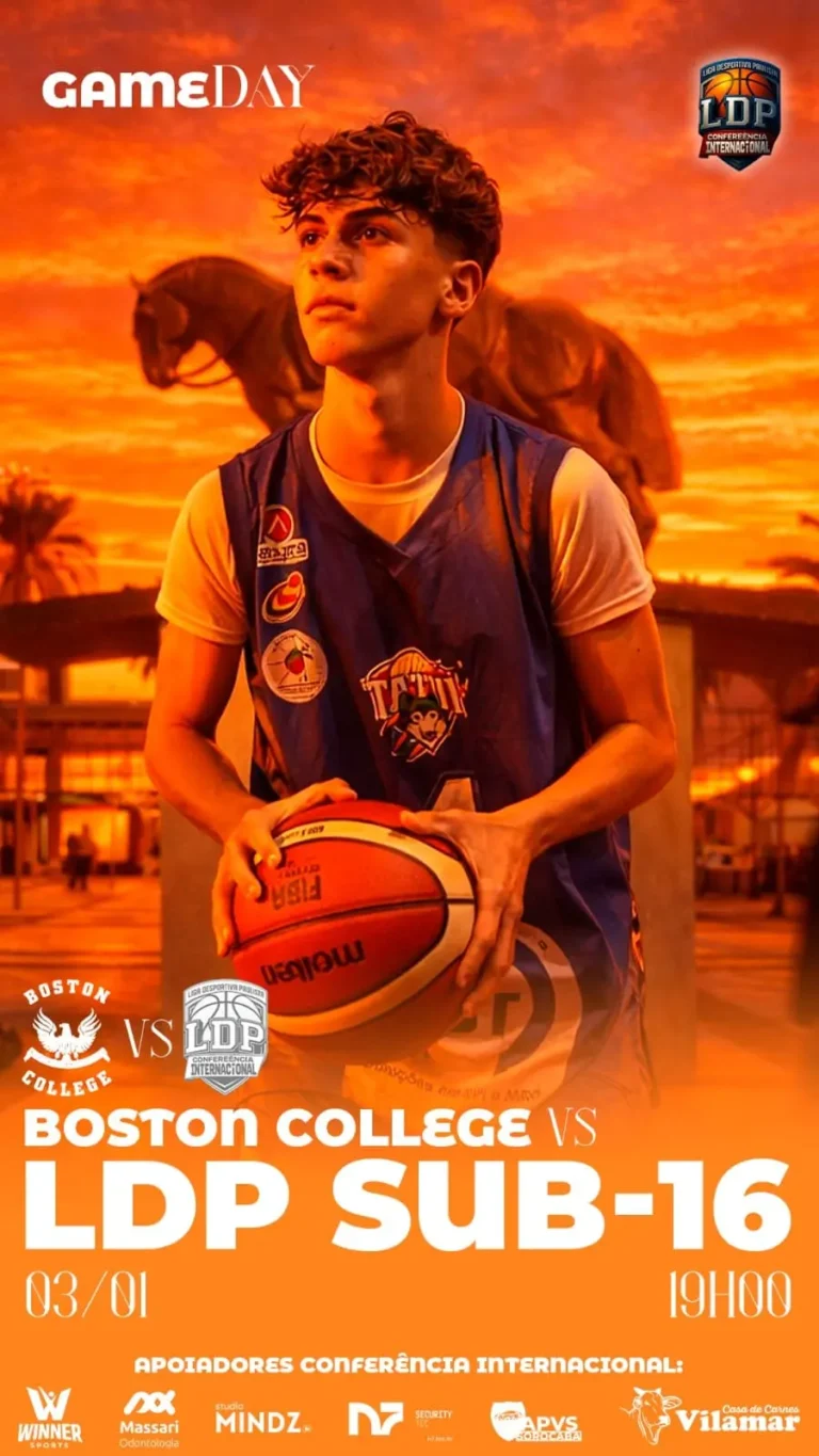 banner sobre o jogo entre LDP e Boston College pela Copa Jose Ordenes. Um atleta segurando a bola e olhando para a cesta.