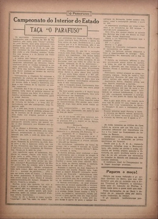 Materia escaneada do Jornal O Parafuso, de 1919, sobre a derrota do XV de Novembro para o Savoia